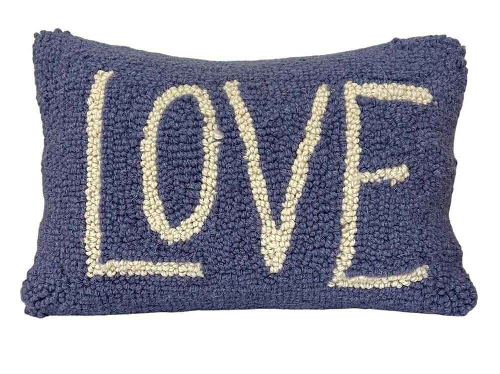 Peking Handicraft LOVE Hook Pillow Blue Wool Accent Decorative 8x12”